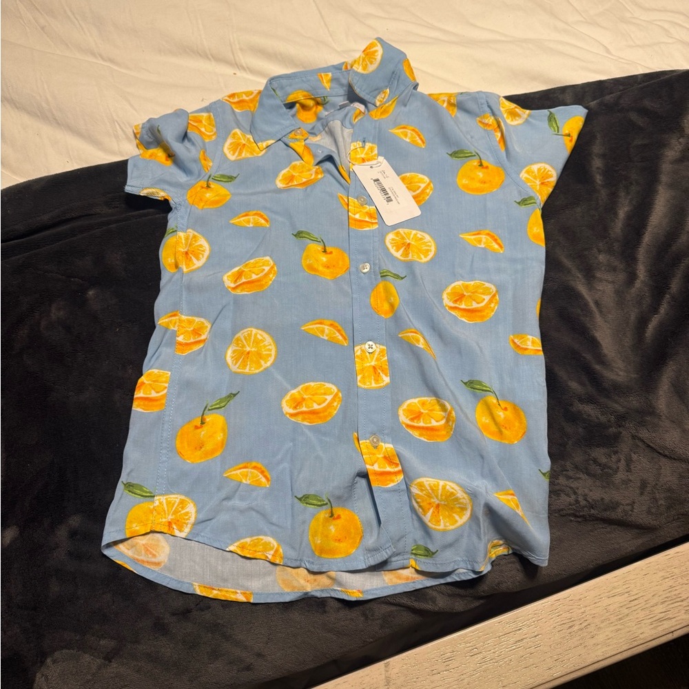 Blue Shirt with Orange Fruit Print